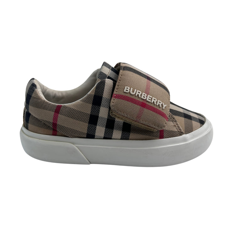 BURBERRY NOVA CHECK VELCRO STRAP TRAINERS – ARCHIVE BEIGE – SIZE 25