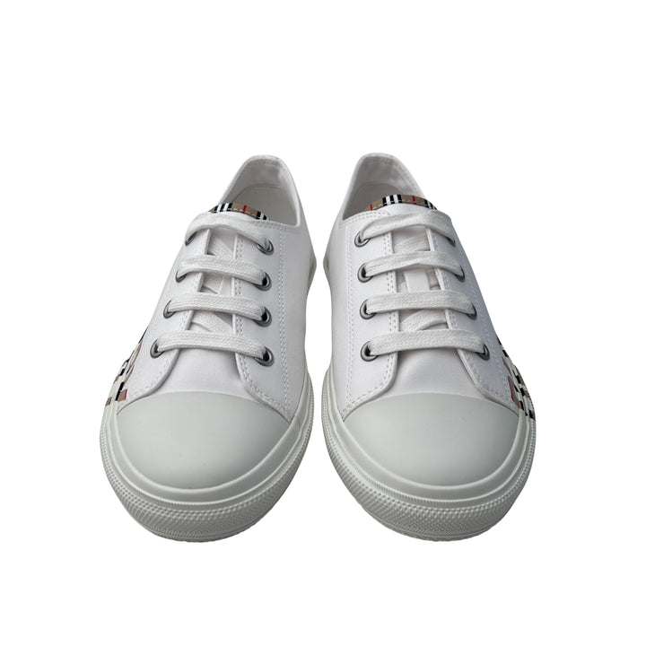 BURBERRY CANVAS LOGO LACE-UP TRAINERS – WHITE – SIZE 33