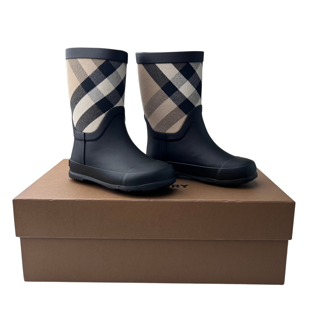 BURBERRY CHECK RAIN BOOTS – BLACK/BEIGE – SIZE 24