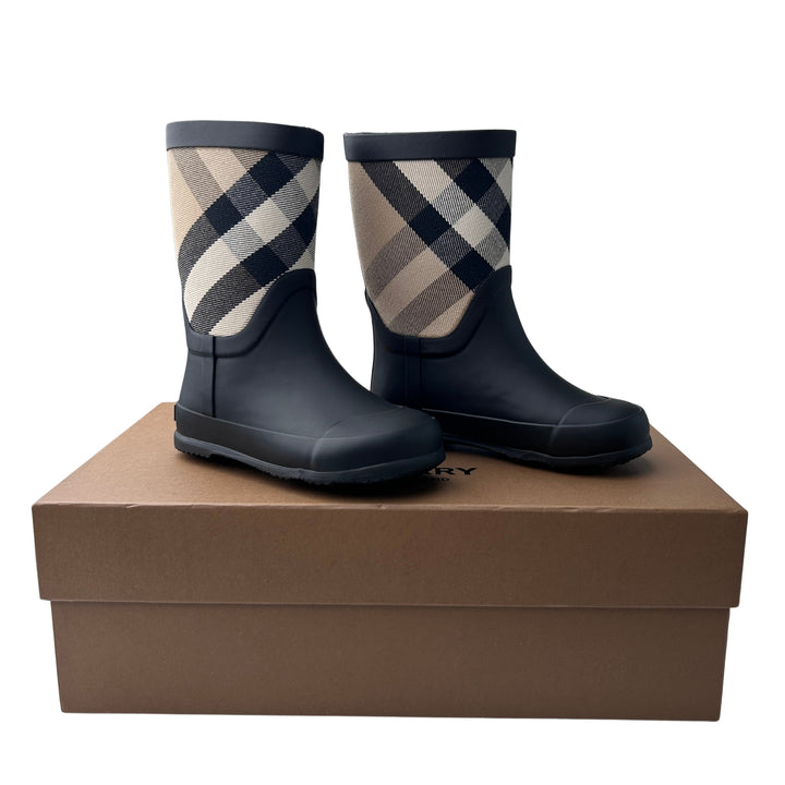 BURBERRY CHECK RAIN BOOTS – BLACK/BEIGE – SIZE 24