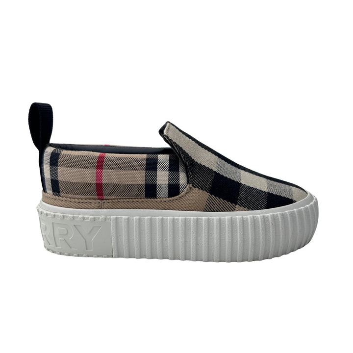 BURBERRY CHECK CANVAS SLIP-ON TRAINERS – ARCHIVE BEIGE – SIZE 27