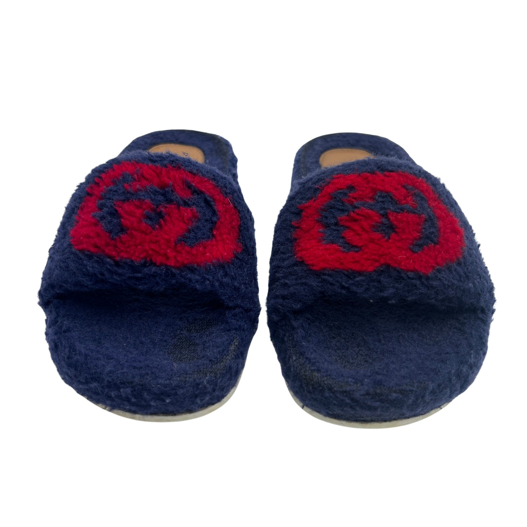 GUCCI GG LOGO FUR SLIDES – NAVY – SIZE 31