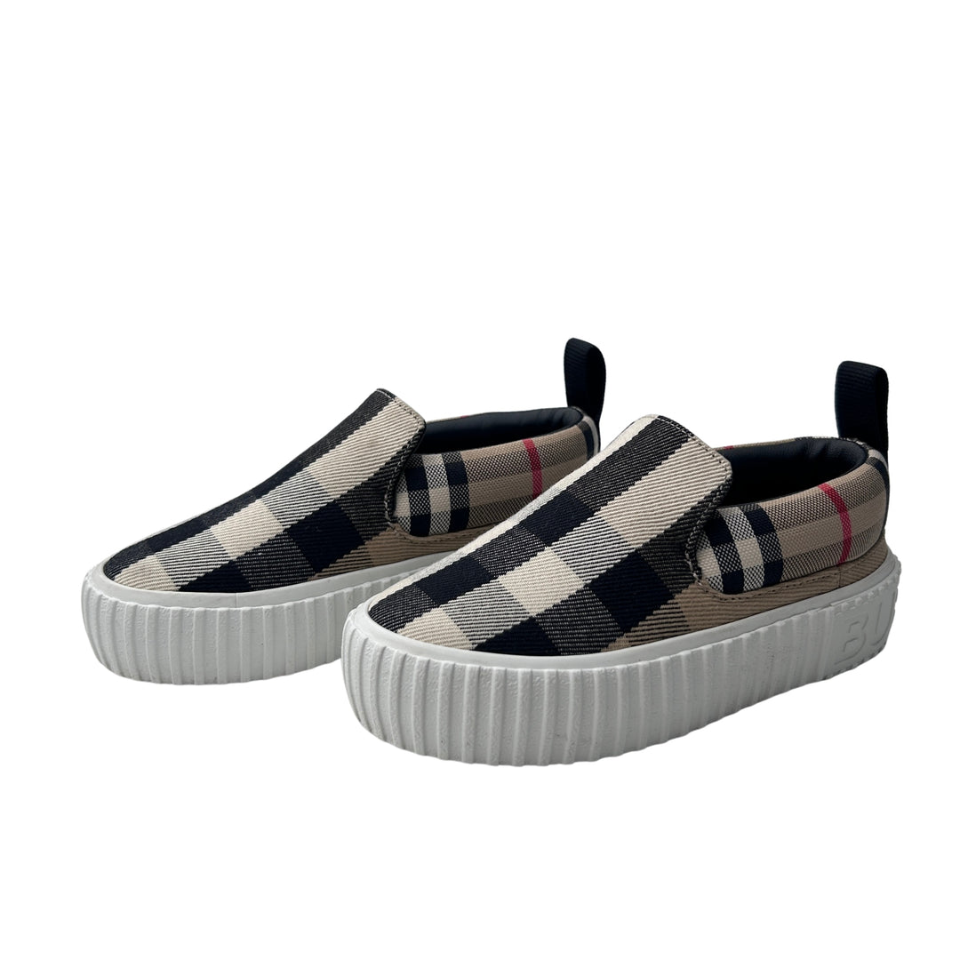 BURBERRY CHECK CANVAS SLIP-ON TRAINERS – ARCHIVE BEIGE – SIZE 27