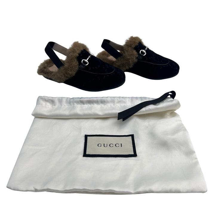 GUCCI GG VELVET HORSEBIT FUR SLINGBACK LOAFERS – BLACK – SIZE 26