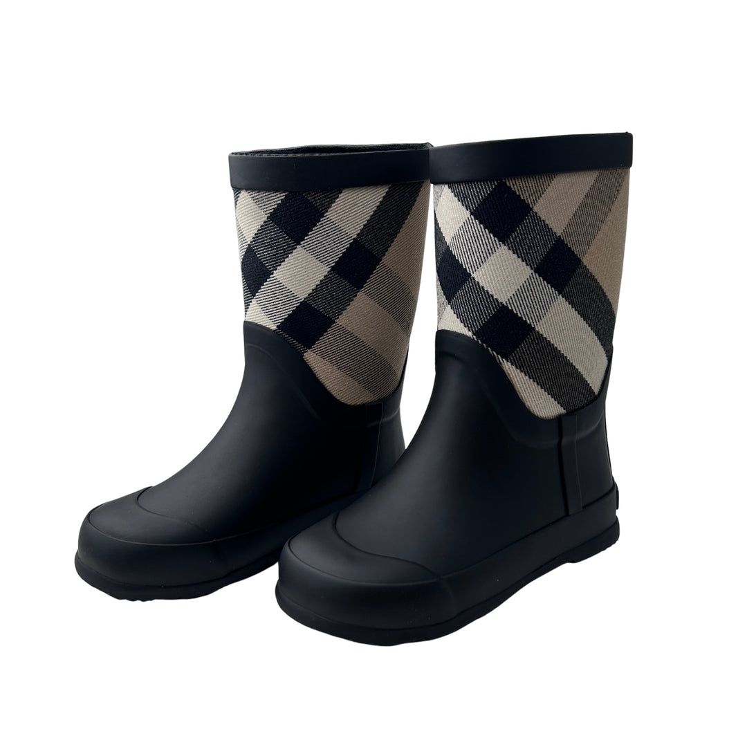 BURBERRY CHECK RAIN BOOTS – BLACK/BEIGE – SIZE 24