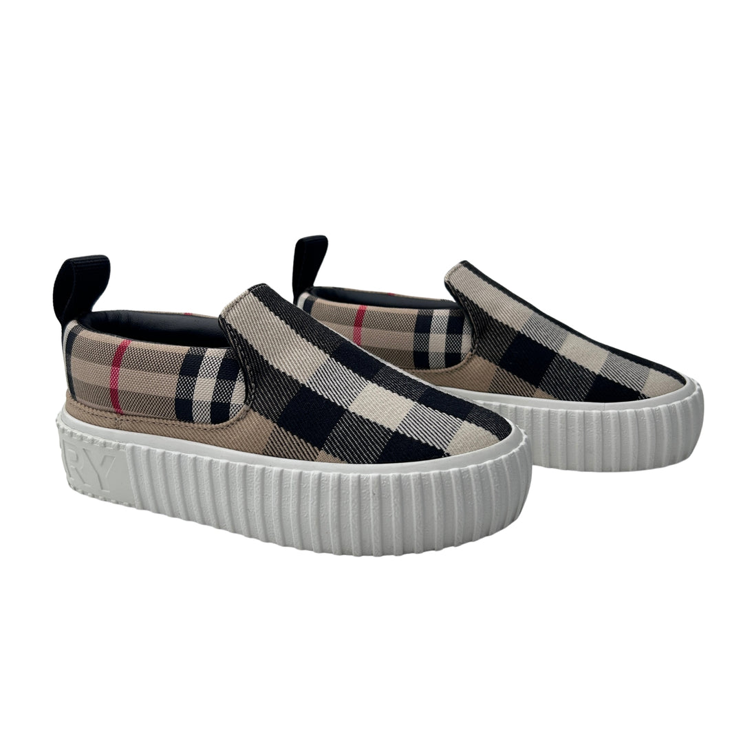 BURBERRY CHECK CANVAS SLIP-ON TRAINERS – ARCHIVE BEIGE – SIZE 27