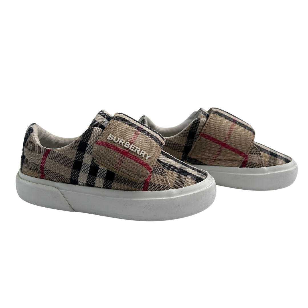 BURBERRY NOVA CHECK VELCRO STRAP TRAINERS – ARCHIVE BEIGE – SIZE 25