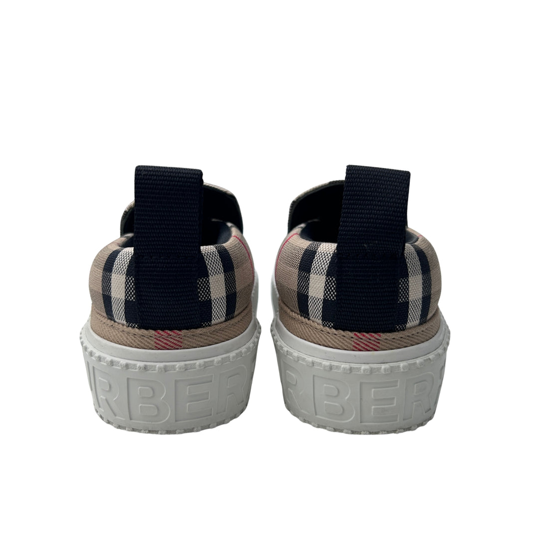 BURBERRY CHECK CANVAS SLIP-ON TRAINERS – ARCHIVE BEIGE – SIZE 27