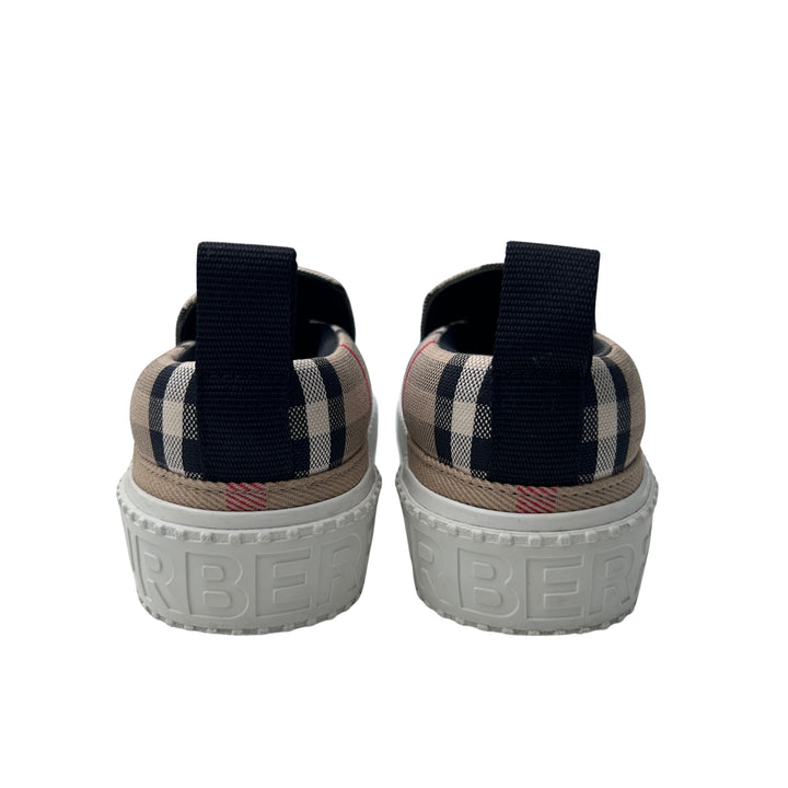 BURBERRY CHECK CANVAS SLIP-ON TRAINERS – ARCHIVE BEIGE – SIZE 27