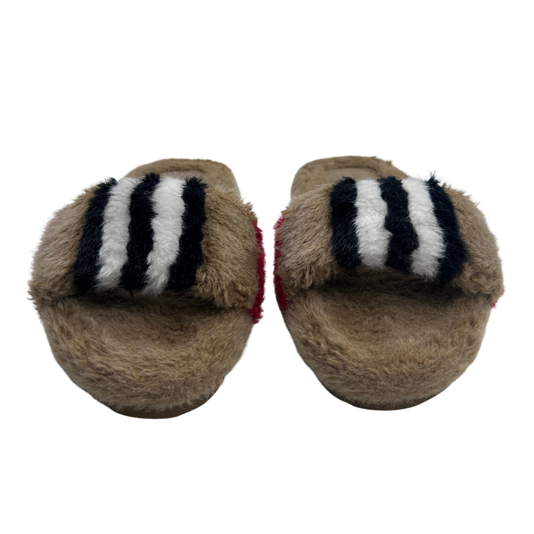 BURBERRY ICON STRIPE FUR SLIDES – ARCHIVE BEIGE – SIZE 32