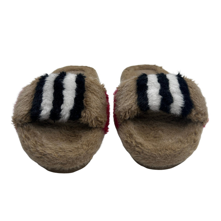 BURBERRY ICON STRIPE FUR SLIDES – ARCHIVE BEIGE – SIZE 32