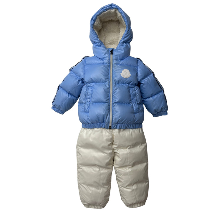 MONCLER SCAMANDRE DOWN JACKET &amp; SALOPETTE SET – BLUE / IVORY – 9–12 MONTHS