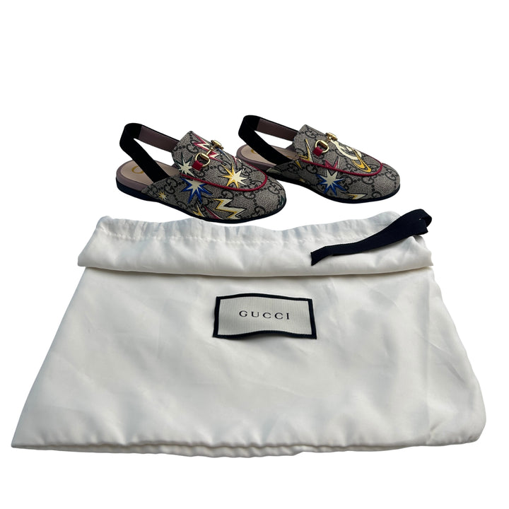 GUCCI GG SUPREME HORSEBIT SLINGBACK LOAFERS – BEIGE/EBONY/ MULTI – SIZE 26