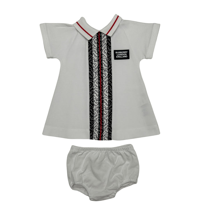 BURBERRY MONOGRAM STRIPE POLO DRESS &amp; BLOOMERS SET – WHITE – 6 MONTHS