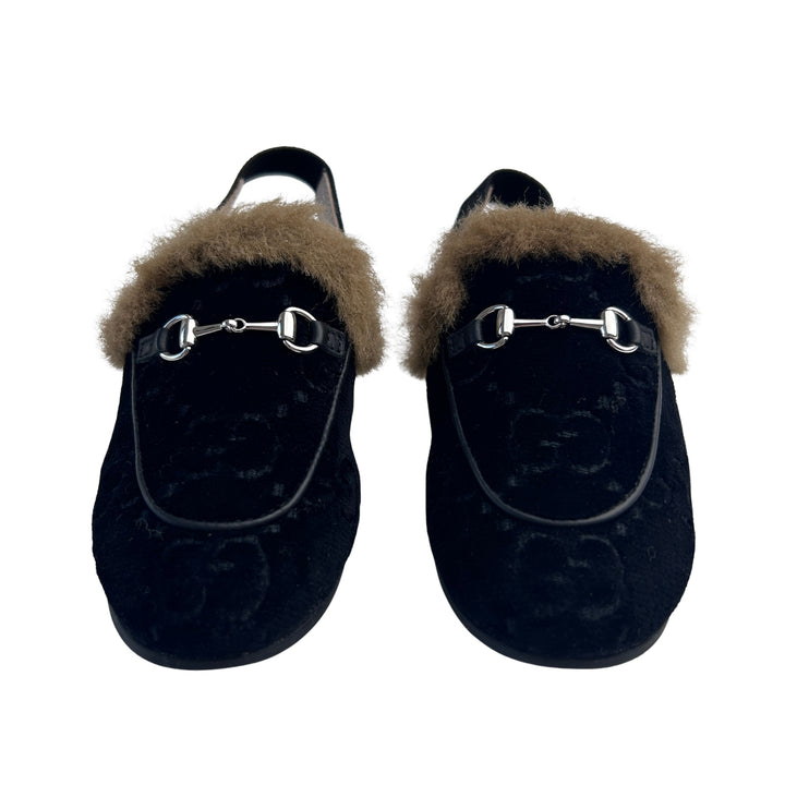 GUCCI GG VELVET HORSEBIT FUR SLINGBACK LOAFERS – BLACK – SIZE 26