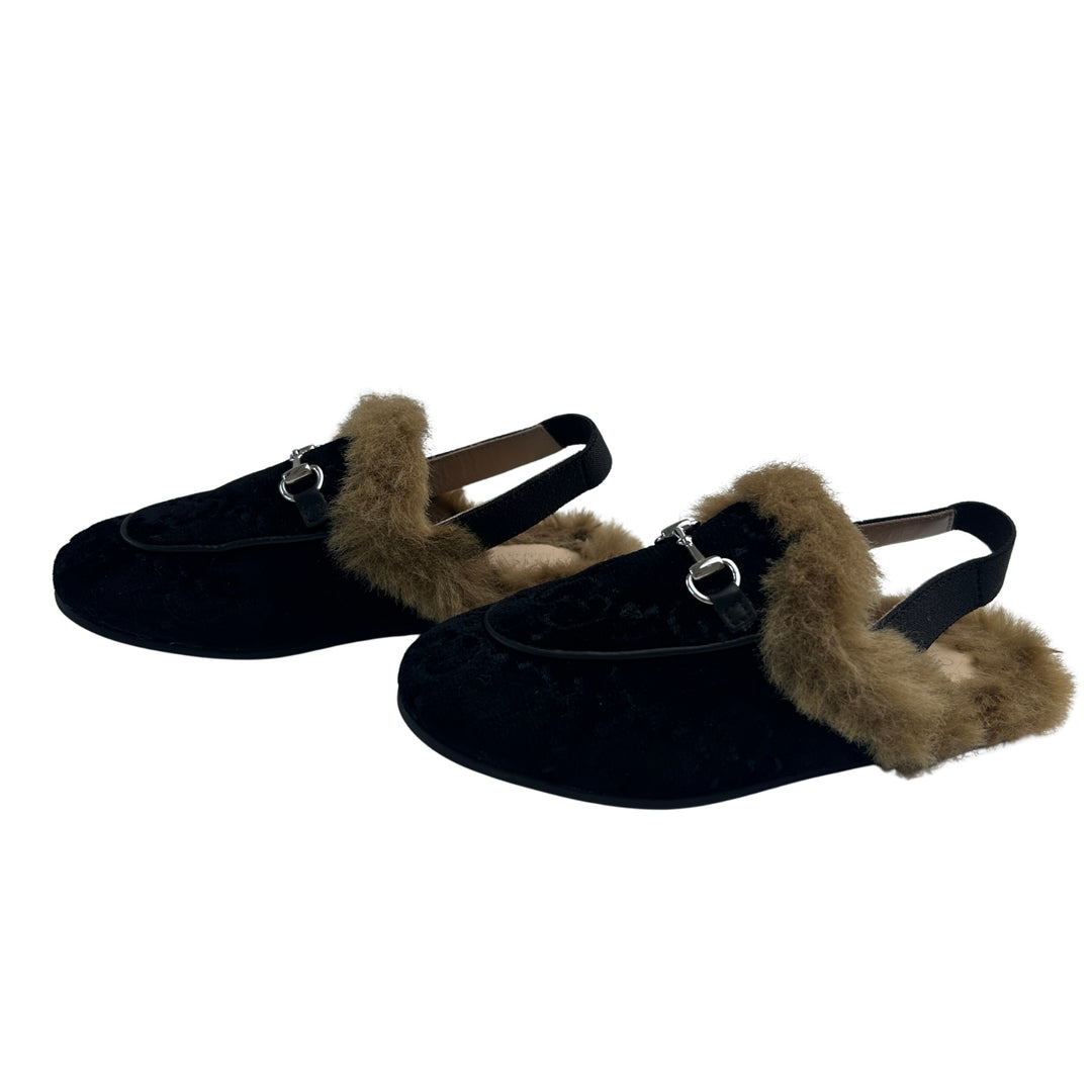 GUCCI GG VELVET HORSEBIT FUR SLINGBACK LOAFERS – BLACK – SIZE 26