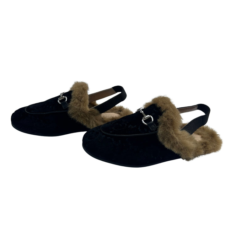 GUCCI GG VELVET HORSEBIT FUR SLINGBACK LOAFERS – BLACK – SIZE 26
