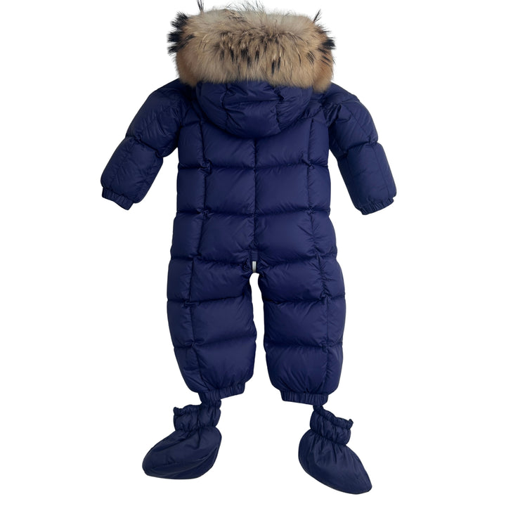 MONCLER NEW JEAN DOWN SNOWSUIT WITH FUR TRIM – NAVY – 12-18 MONTHS