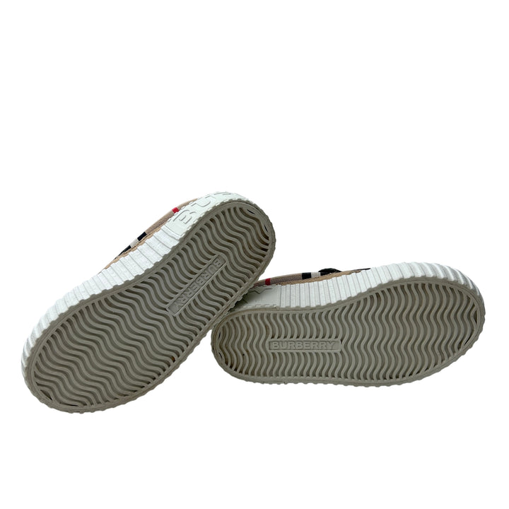 BURBERRY CHECK CANVAS SLIP-ON TRAINERS – ARCHIVE BEIGE – SIZE 27