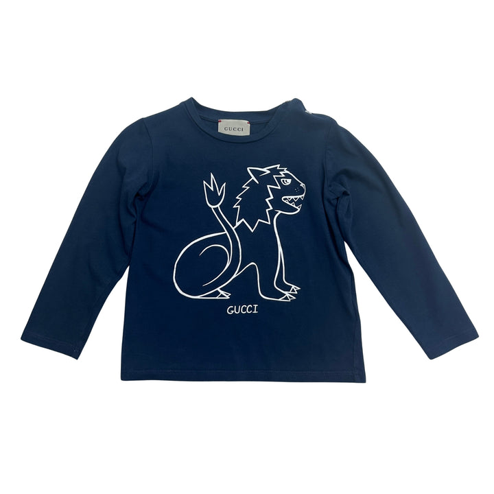GUCCI LION PRINT LONG SLEEVE T-SHIRT – NAVY – 24 MONTHS
