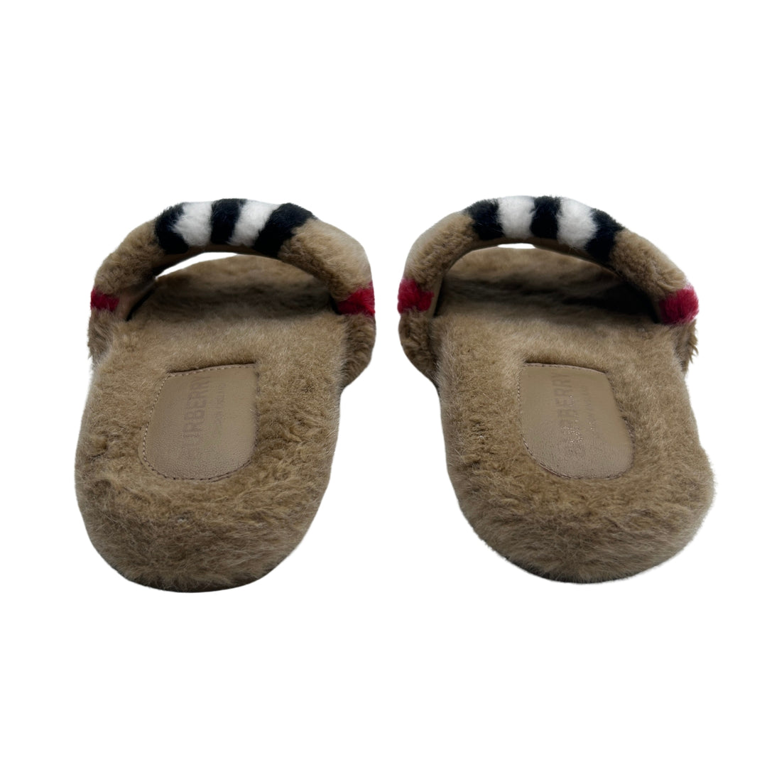 BURBERRY ICON STRIPE FUR SLIDES – ARCHIVE BEIGE – SIZE 32