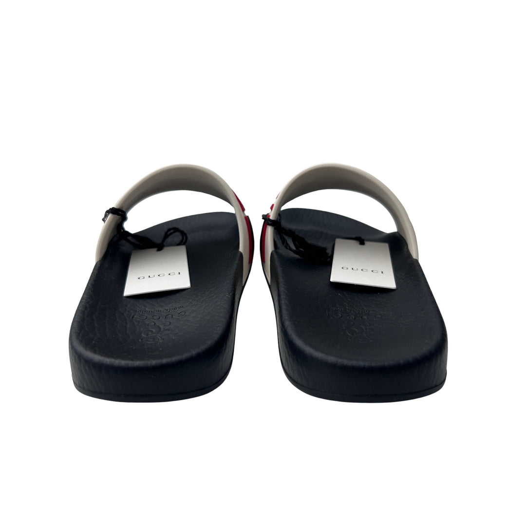 GUCCI LOGO RUBBER SLIDES – WHITE/BLACK – SIZE 31