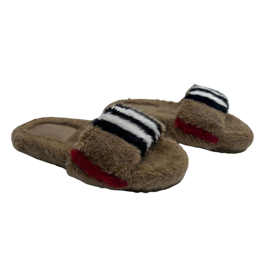 BURBERRY ICON STRIPE FUR SLIDES – ARCHIVE BEIGE – SIZE 32