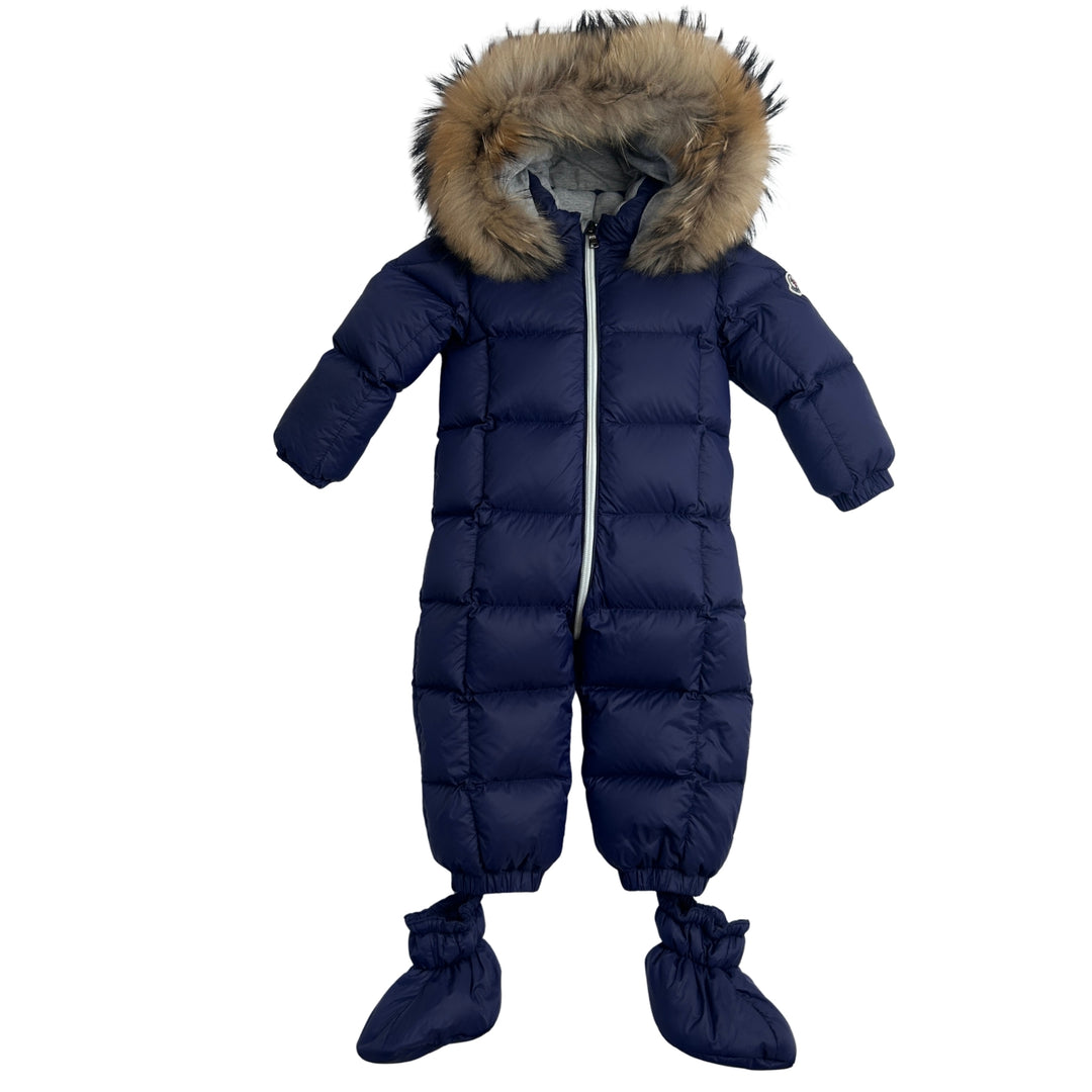 MONCLER NEW JEAN DOWN SNOWSUIT WITH FUR TRIM – NAVY – 12-18 MONTHS