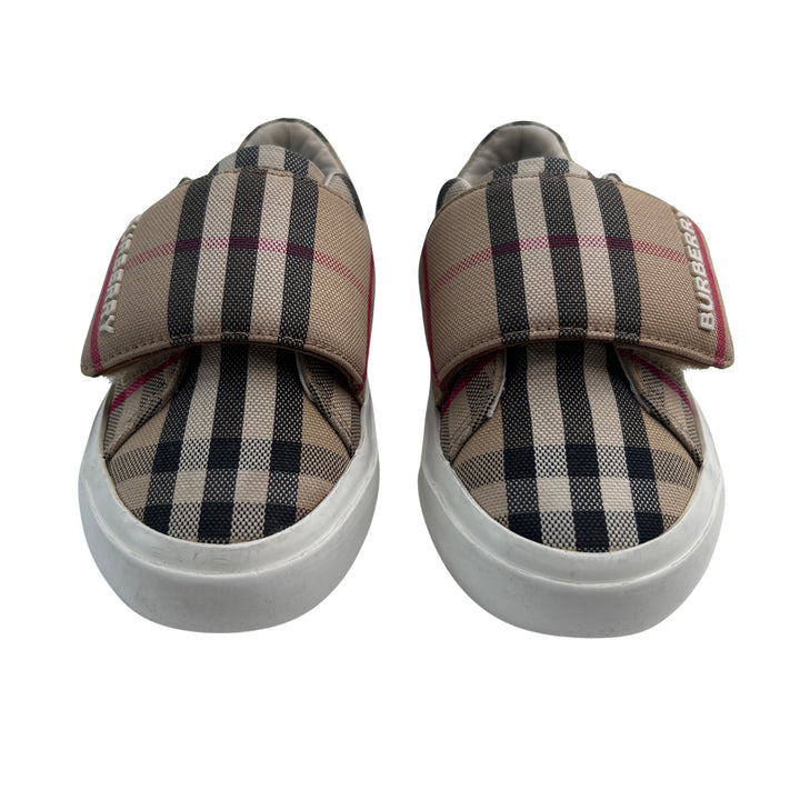 BURBERRY NOVA CHECK VELCRO STRAP TRAINERS – ARCHIVE BEIGE – SIZE 25
