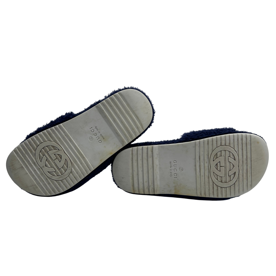 GUCCI GG LOGO FUR SLIDES – NAVY – SIZE 31