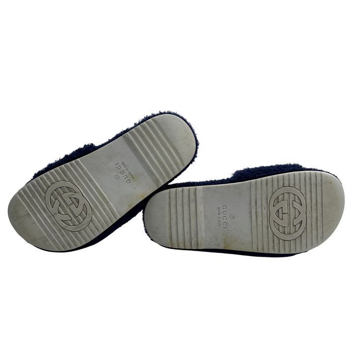 GUCCI GG LOGO FUR SLIDES – NAVY – SIZE 31