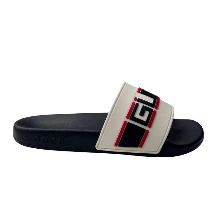 GUCCI LOGO RUBBER SLIDES – WHITE/BLACK – SIZE 31