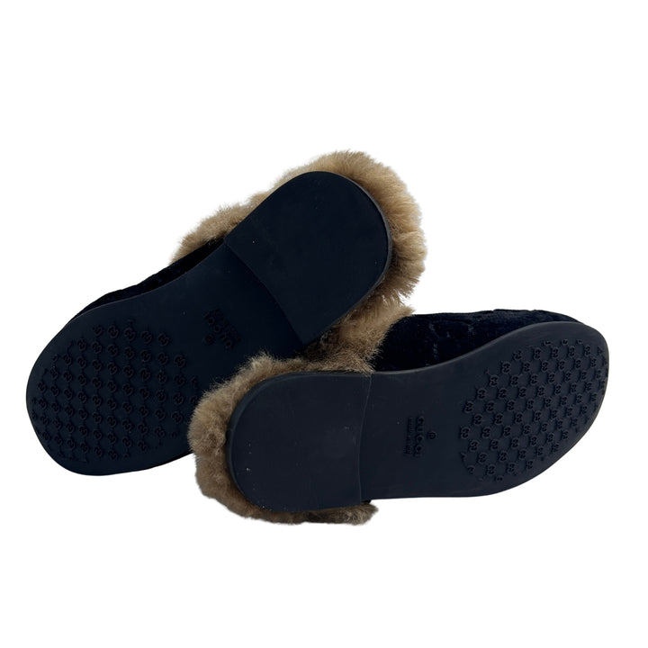 GUCCI GG VELVET HORSEBIT FUR SLINGBACK LOAFERS – BLACK – SIZE 26