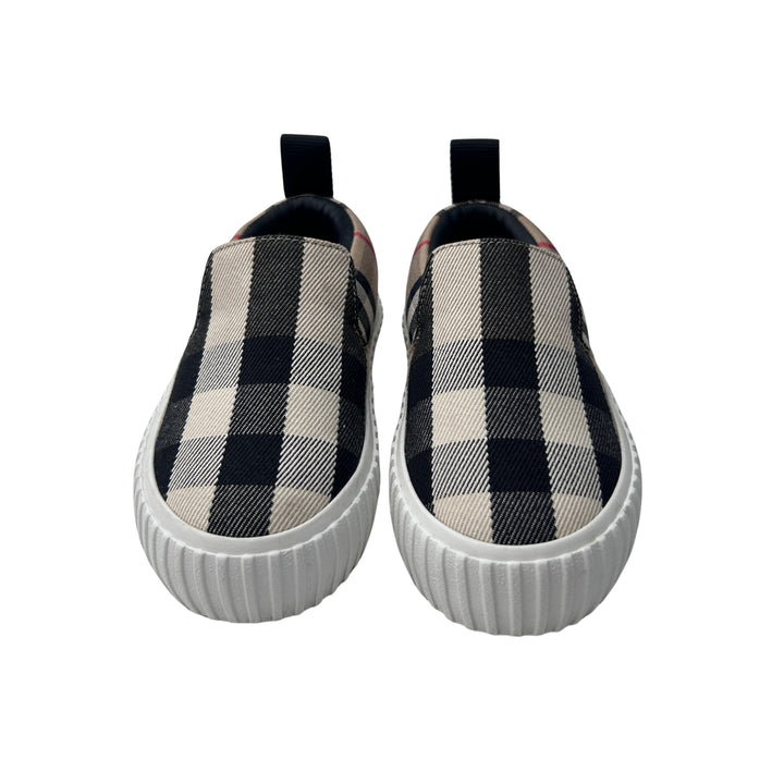 BURBERRY CHECK CANVAS SLIP-ON TRAINERS – ARCHIVE BEIGE – SIZE 27