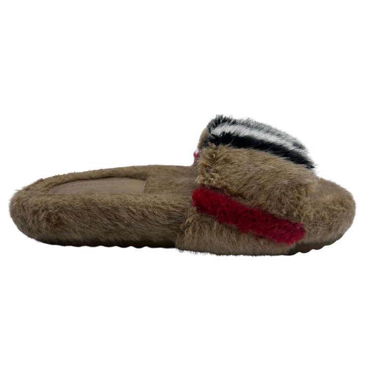 BURBERRY ICON STRIPE FUR SLIDES – ARCHIVE BEIGE – SIZE 32