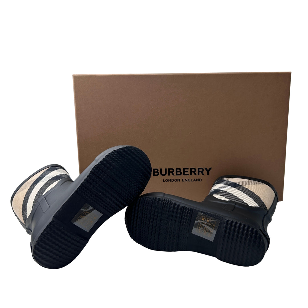 BURBERRY CHECK RAIN BOOTS – BLACK/BEIGE – SIZE 24