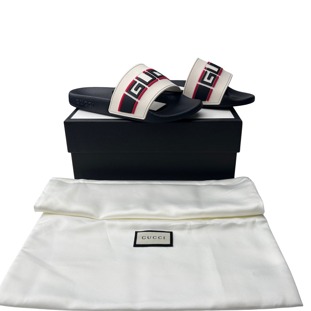 GUCCI LOGO RUBBER SLIDES – WHITE/BLACK – SIZE 31