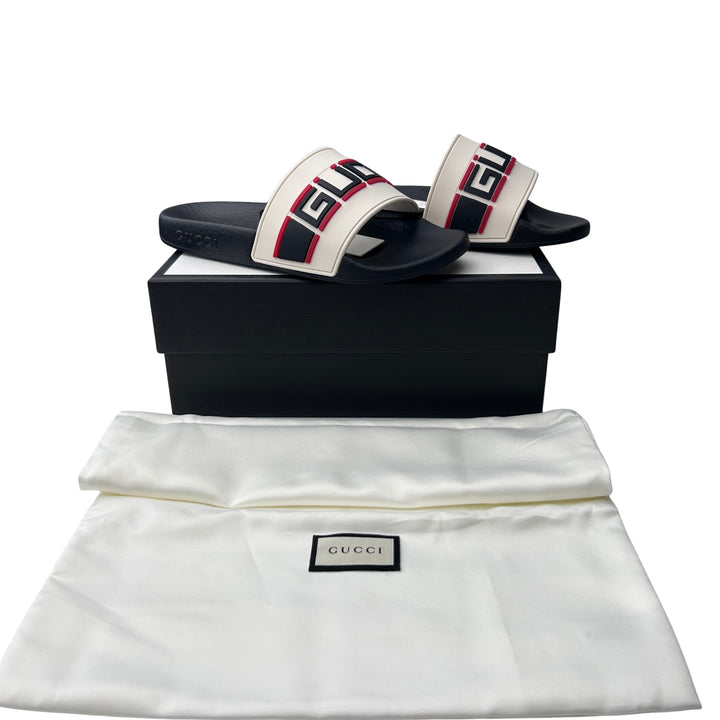 GUCCI LOGO RUBBER SLIDES – WHITE/BLACK – SIZE 31