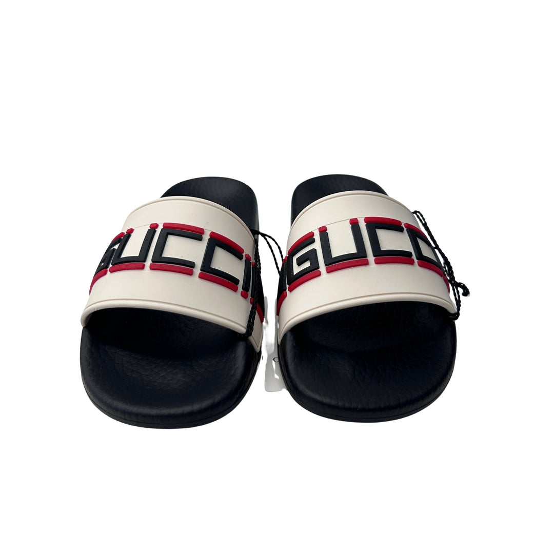 GUCCI LOGO RUBBER SLIDES – WHITE/BLACK – SIZE 31