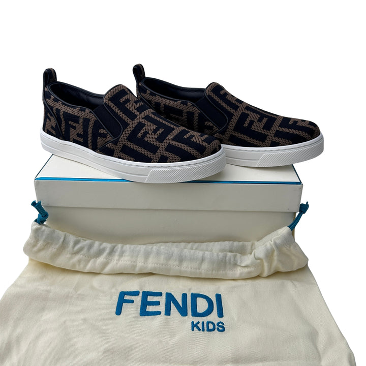 FENDI FF LOGO SLIP-ON TRAINERS – BROWN/ BLACK – SIZE 32