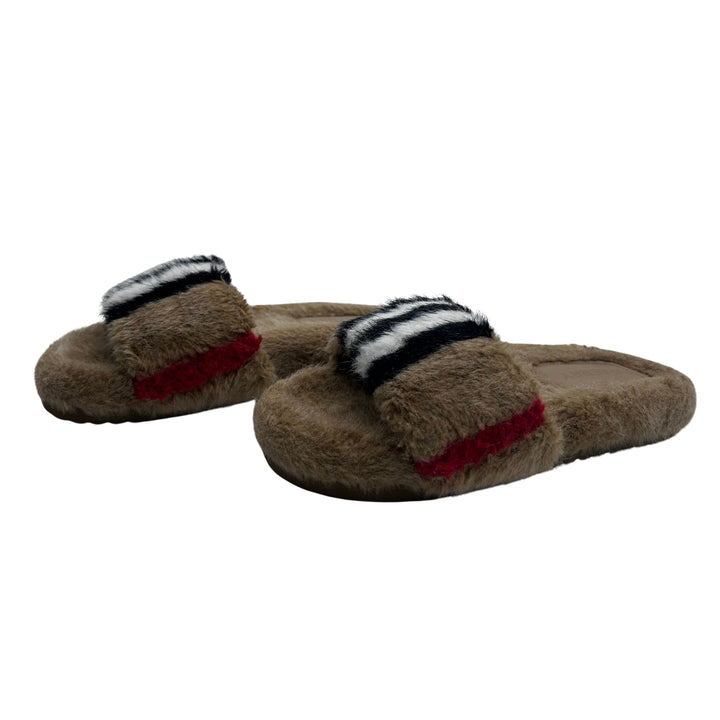 BURBERRY ICON STRIPE FUR SLIDES – ARCHIVE BEIGE – SIZE 32